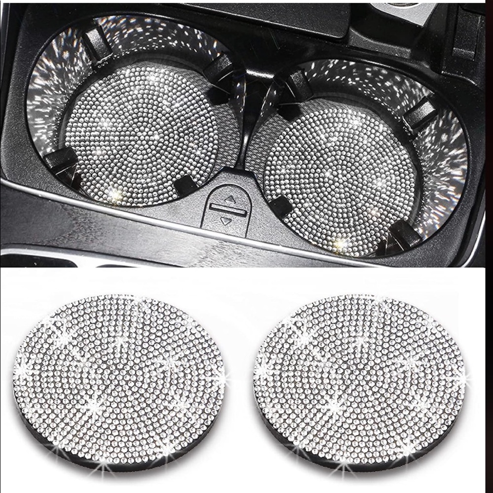 Silver Bling Rhinestone Car Cup Holder Coaster, 2 Pack * - Picture 2 of 6